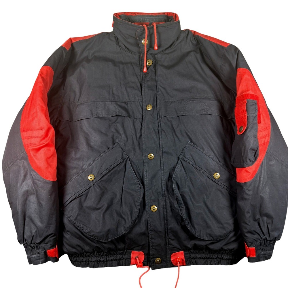 Weather Breaker Mens XL Colorblock Bomber Jacket Black Red Stowaway Hood Vintage